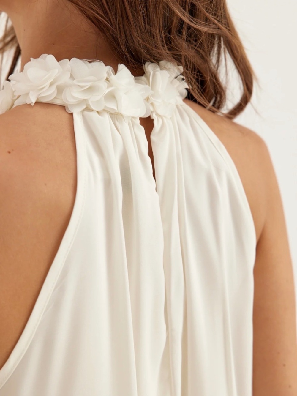 PINK TARTAN | Ivory Silk Petal-Trim Halter Top | Size M | New with Tags